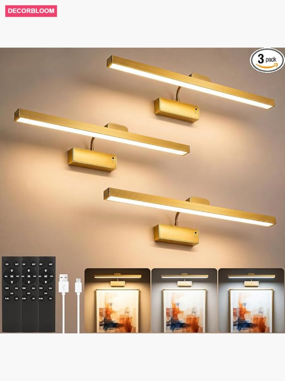 3 Pack 15'' Wireless Rechargeable Dimmable LED Picture Lights with Remote